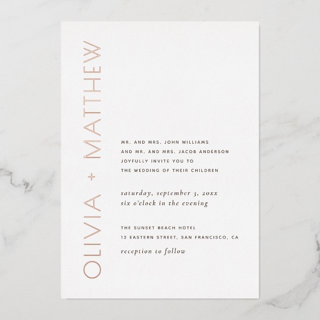 Modern minimalist simple gold typography wedding foil invitation (Front)