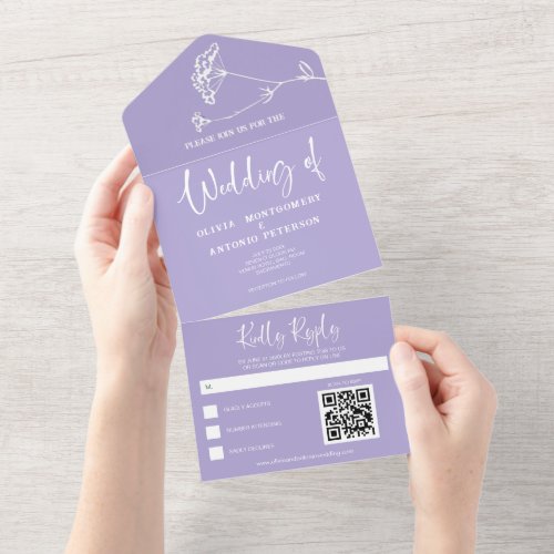Modern Minimalist Simple Lavender Wedding QR Code All In One Invitation