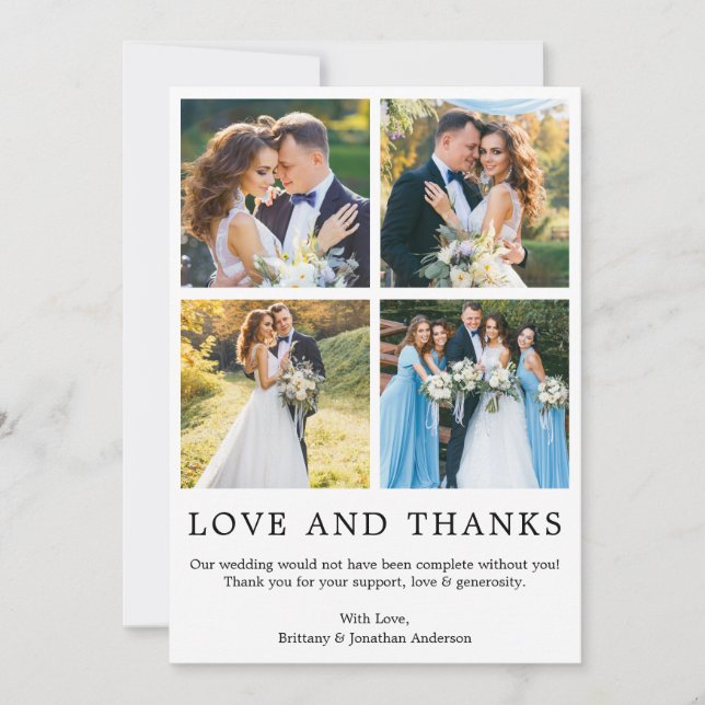 Modern Minimalist Simple Love and Thanks 4 Photo Thank You Card (Front)