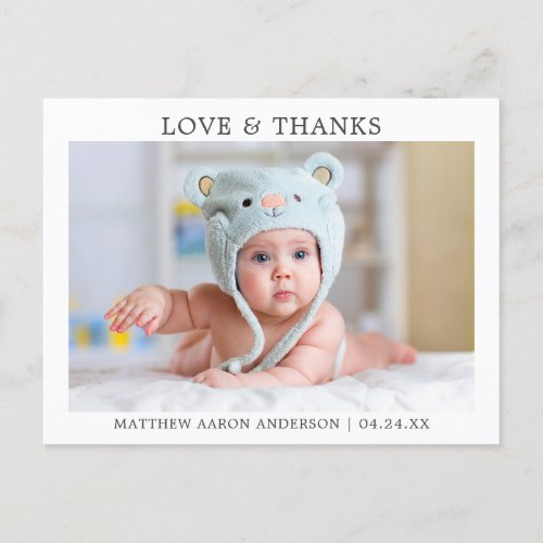 Modern Minimalist Simple Love and Thanks Baby Postcard