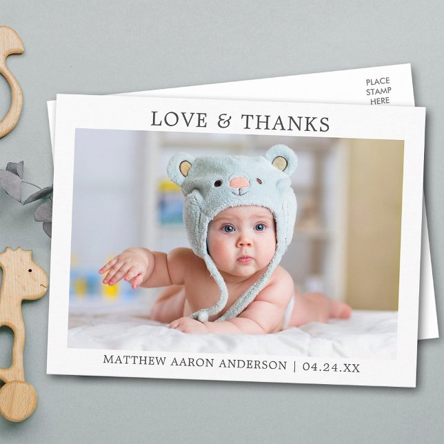 Modern Minimalist Simple Love and Thanks Baby Postcard (Customize to change your personalized text size or text style.)