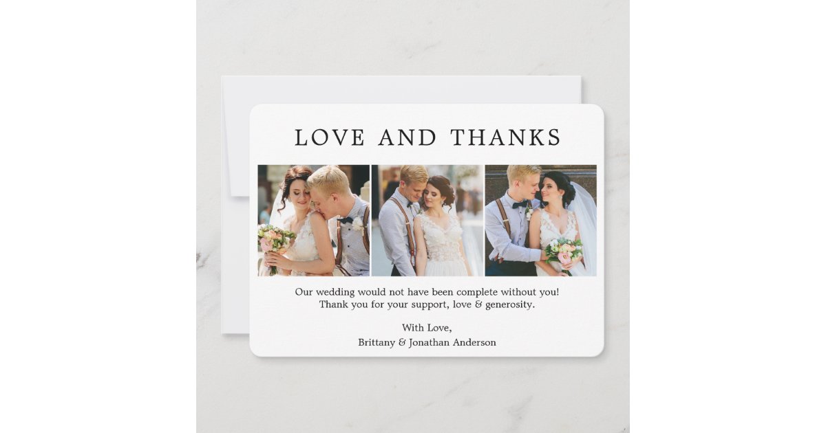 Modern Minimalist Simple Love Thanks 3 Photo Thank You Card | Zazzle