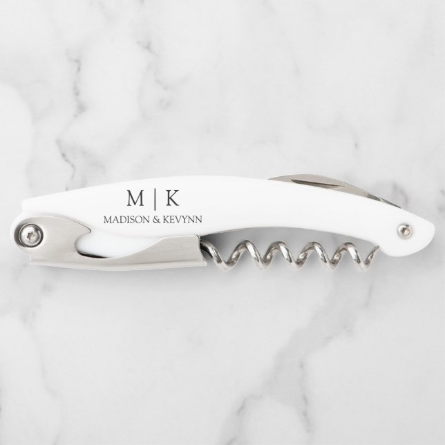 Modern Minimalist Simple Monogram Wedding Waiter's Corkscrew (Front)