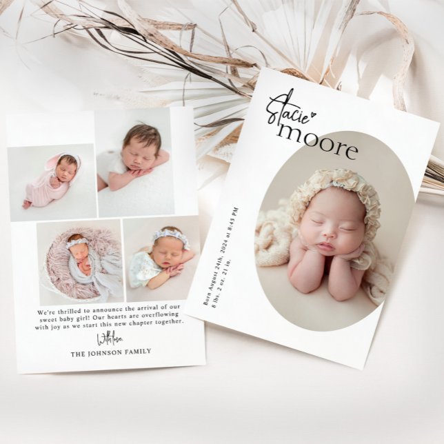 Modern Minimalist Simple Oval Photo Baby Birth Announcement (Creator Uploaded)