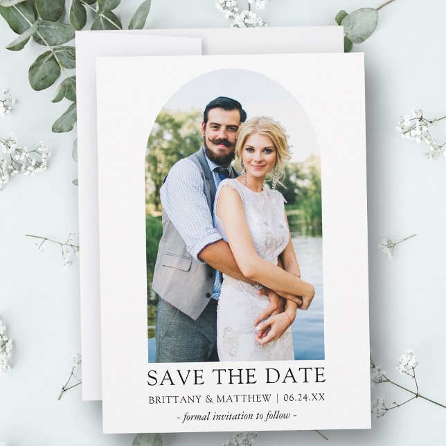Modern Minimalist Simple Photo Arch Save The Date (Customize to change text size, style or to add more text & photos to back of card.)