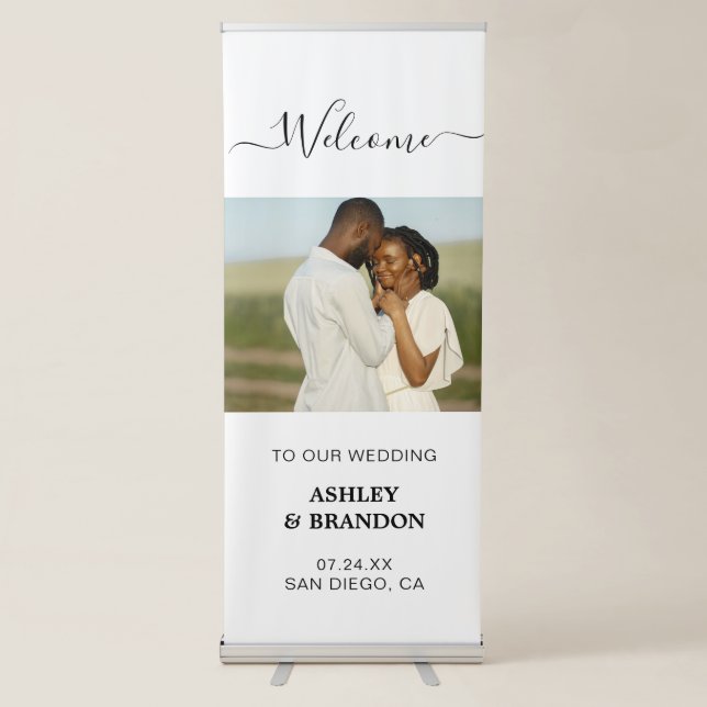 Modern Minimalist Simple Photo Wedding Welcome Retractable Banner (Front)