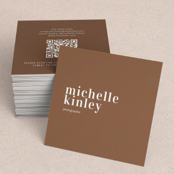 Modern Minimalist Simple Qr Code Personal Brown Square Business Card by uniqueoffice at Zazzle