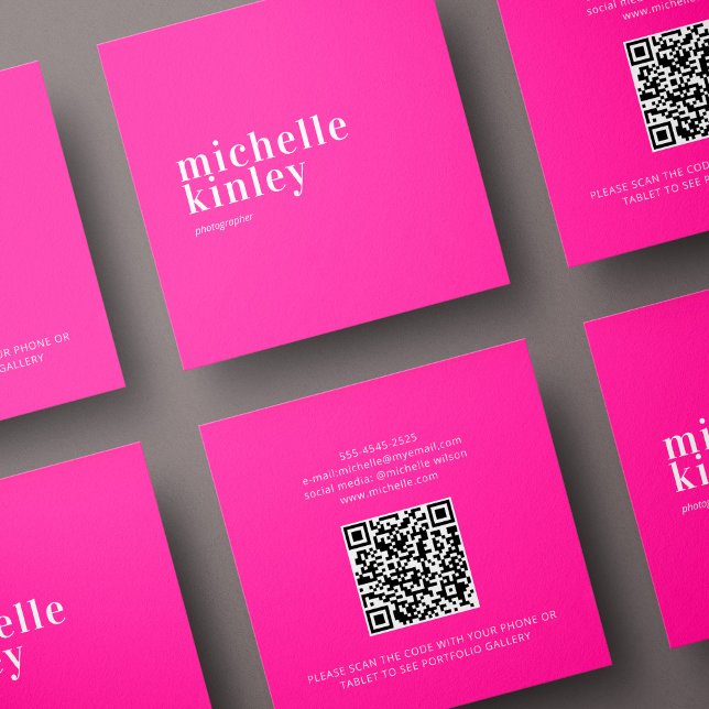 Modern minimalist simple QR code personal hot pink Square Business Card (Creator Uploaded)