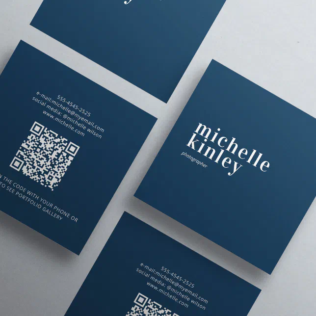 Modern minimalist simple QR code personal navy Square Business Card ...