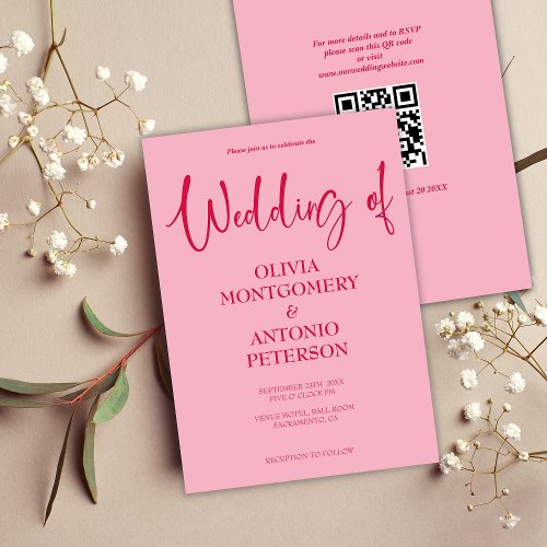 Modern Minimalist Simple QR Code Pink Wedding Invitation