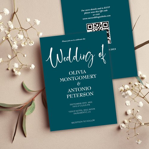 Modern Minimalist Simple QR Code Teal Wedding  Invitation
