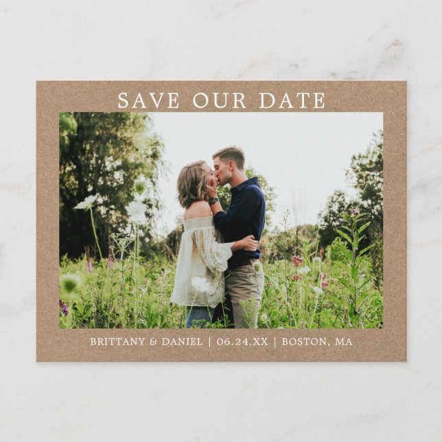 Modern Minimalist Simple Save Our Date Photo Kraft Postcard (Front)