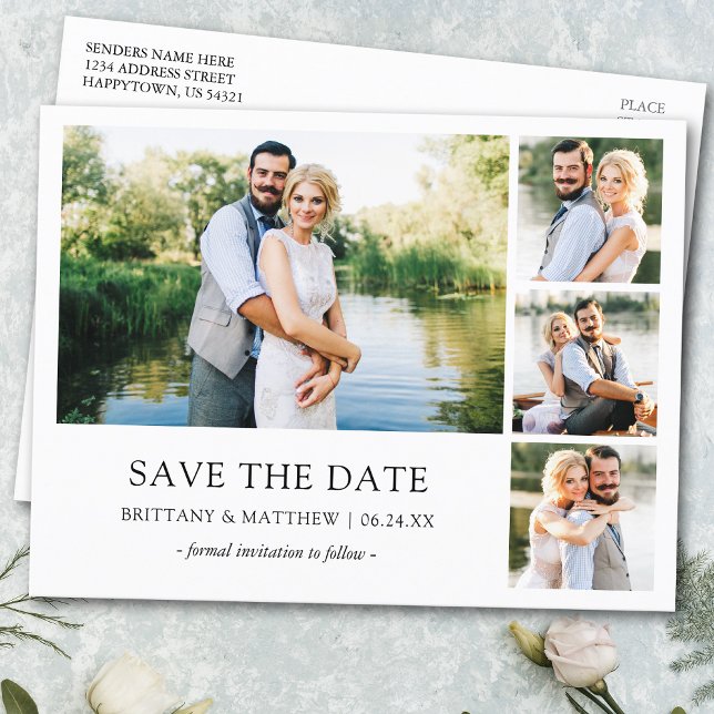 Modern Minimalist Simple Save the Date 4 Photo Postcard (Customize to change text size or text style.)