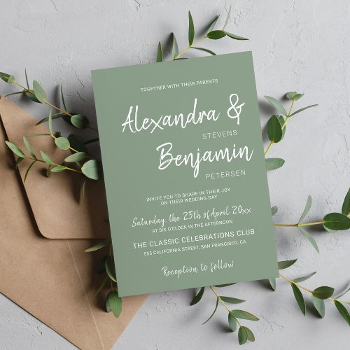 Modern minimalist simple script sage green wedding invitation