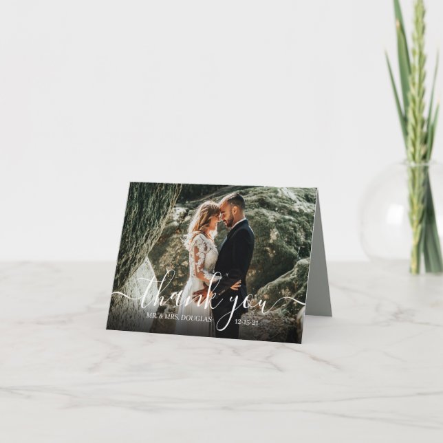 Modern Minimalist Simple Script wedding photo Than Thank You Card (Front)