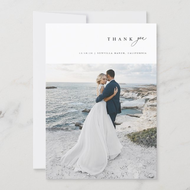 Modern Minimalist Simple Script Wedding Photo Thank You Card (Front)