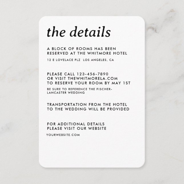 Modern Minimalist Simple Sleek Wedding Details Enclosure Card (Front)