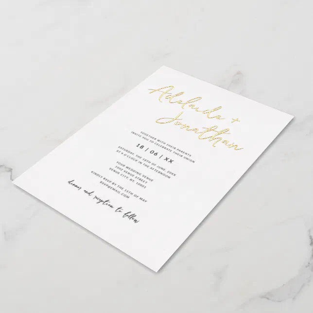 Modern Minimalist Simple Wedding Gold Lettering Foil Invitation | Zazzle