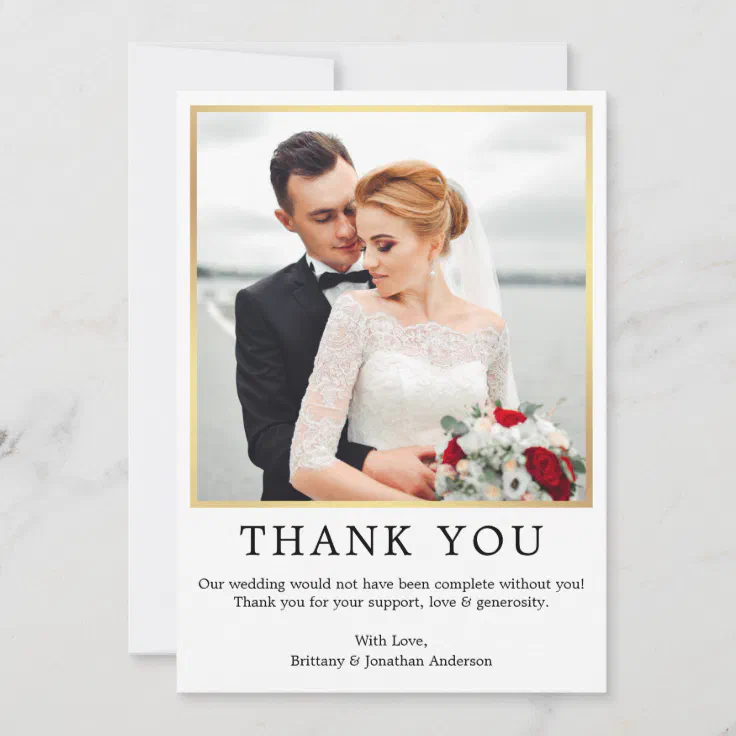 Modern Minimalist Simple Wedding Photo Gold Thank You Card | Zazzle