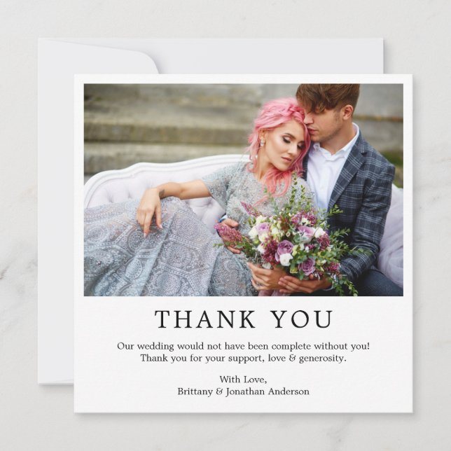Modern Minimalist Simple Wedding Photo Square Thank You Card (Front)