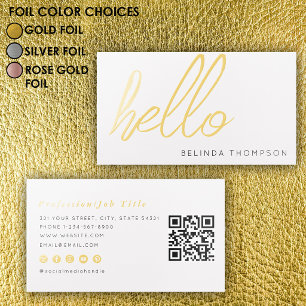 Modern Minimalist Simple White Hello QR Code Foil Business Cards