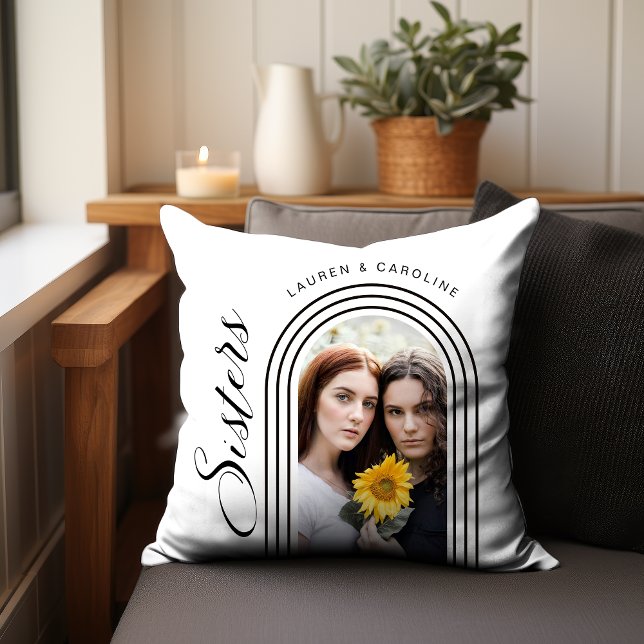 Modern Minimalist Sisters Photo Arch Throw Pillow (Personalize with your photo and names for a thoughtful gift.)