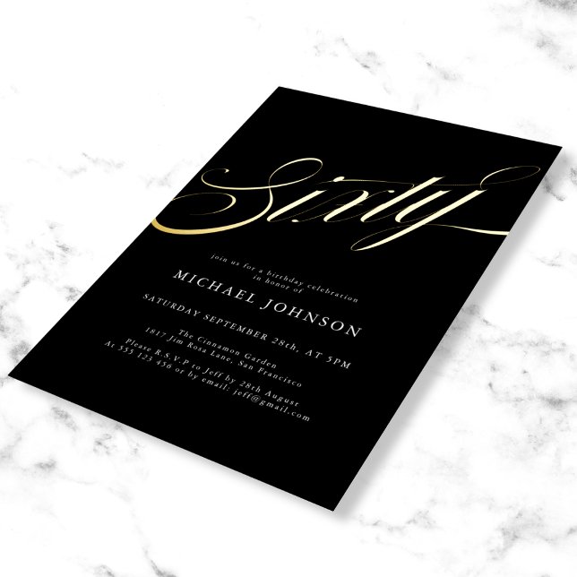 Modern Minimalist Sixty Black Gold 60th Birthday Foil Invitation (Mockup view)