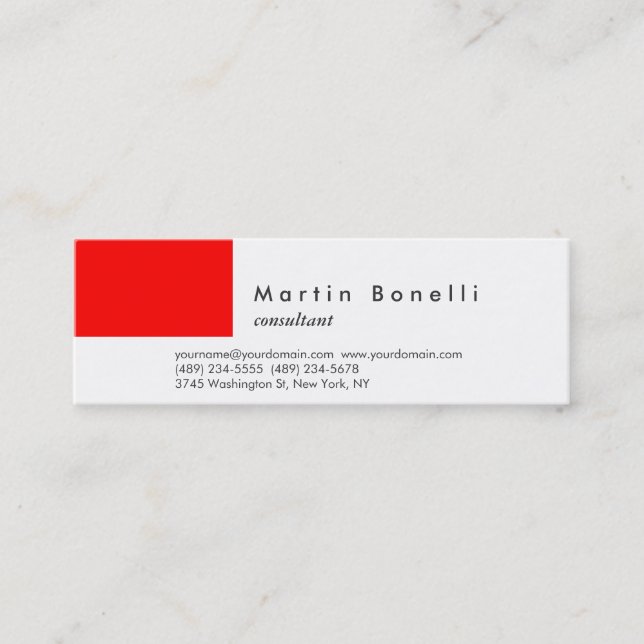 Modern Minimalist Skinny Red White Business Card (Front)
