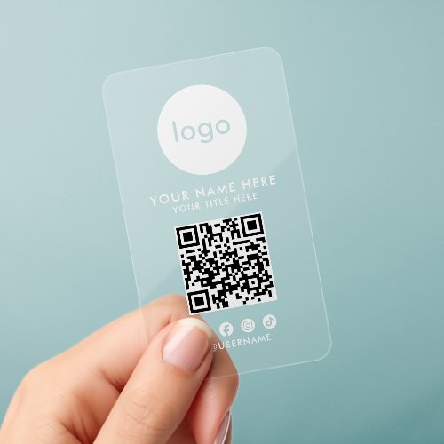 Modern Minimalist Social Media Qr Code Custom Logo Clear Business Cards
