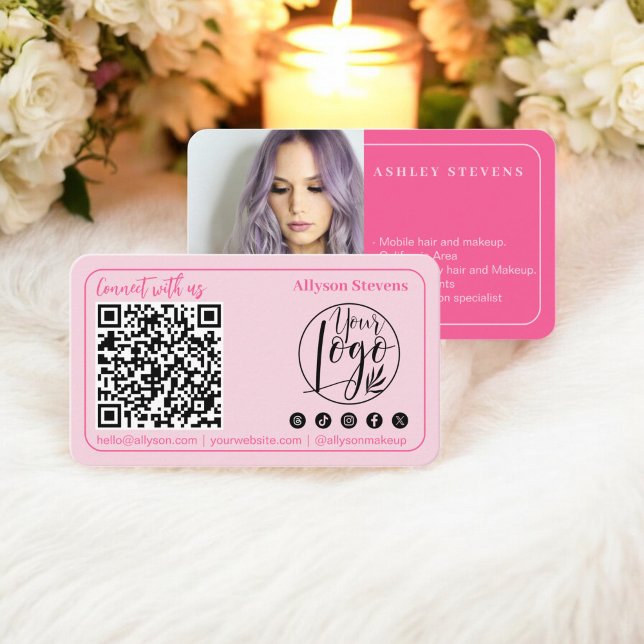 Modern Minimalist Social Media QR Code Photo Logo Business Card (Modern Minimalist Social Media QR Code Photo Logo Business Card pink)