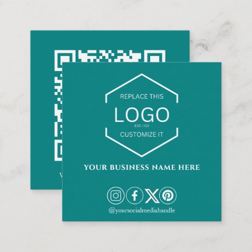 Modern Minimalist Social Media QR Code Teal Square Business Card