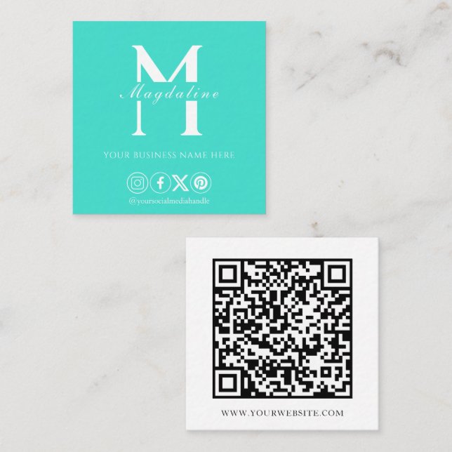 Modern Minimalist Social Media QR Code Turquoise Square Business Card (Front/Back)