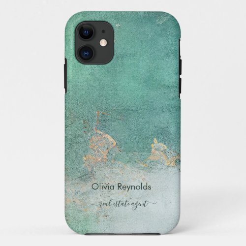 Modern Minimalist Soft Weathered Teal Gold Name iPhone 11 Case