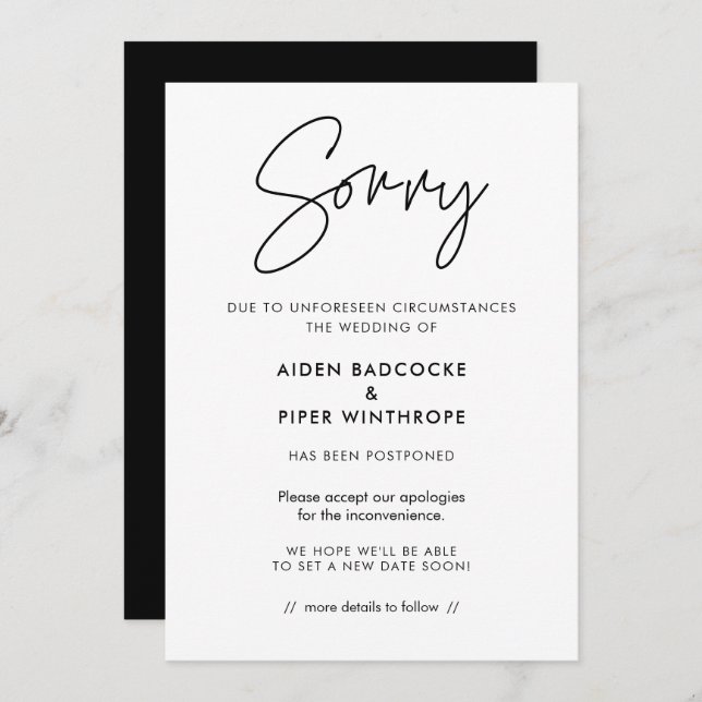 Modern minimalist Sorry wedding update card (Front/Back)