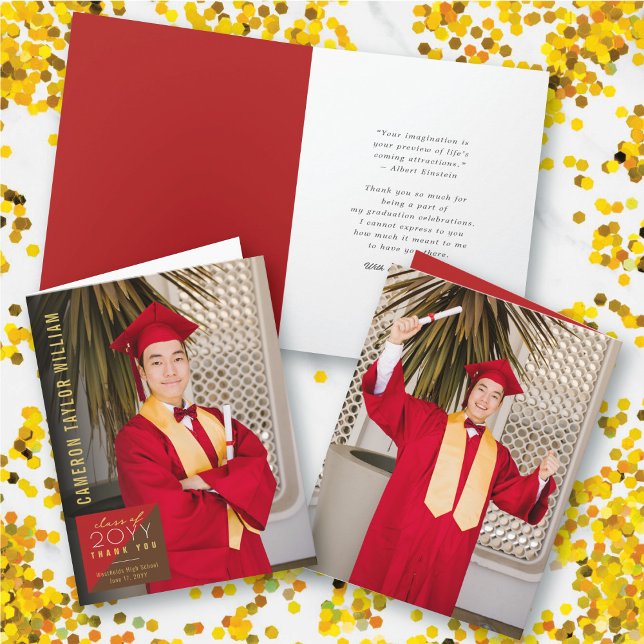 Modern Minimalist Split Square Photo Graduation Thank You Card (Modern Minimalist Red/Brown Split Square Photo Graduation Thank You Card @ zazzle.com/color_therapy)