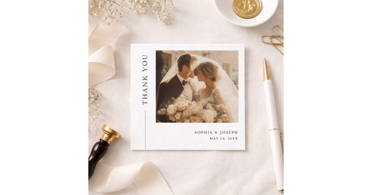 Modern Minimalist Square Romantic Wedding Photo Thank You Card | Zazzle