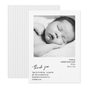 Modern Minimalist Stripe Baby Photo Birth Arrival Thank You Card