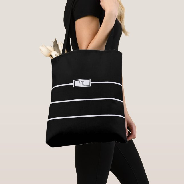 Modern Minimalist Stripe Monogrammed Black & White Tote Bag (Close Up)