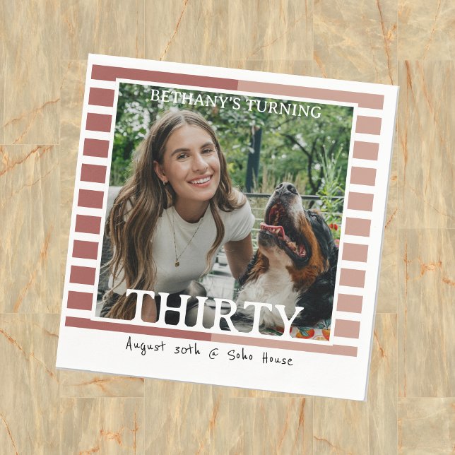 Modern Minimalist Striped 30th Birthday Photo Napkins (Celebrate the beginning of a new decade with this Modern Minimalist Striped 30th Birthday Napkin!)