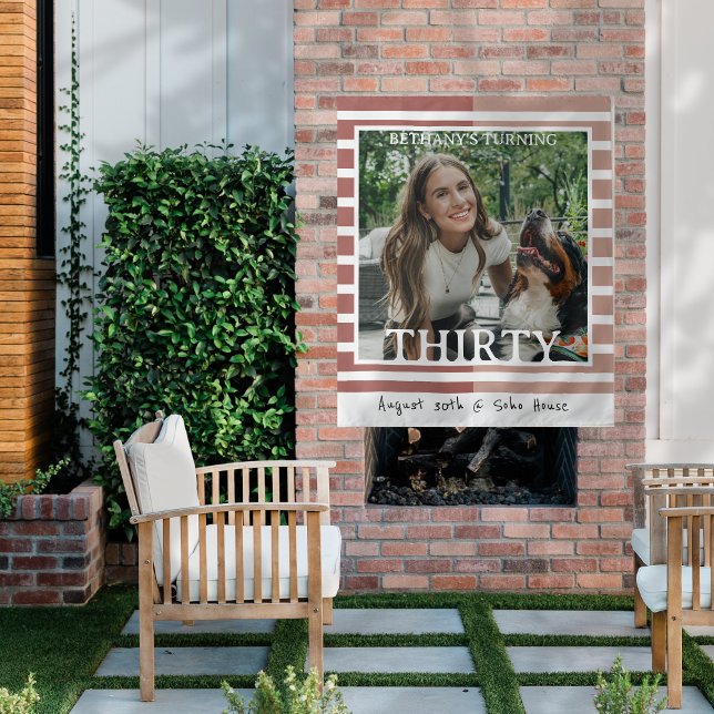 Modern Minimalist Striped 30th Birthday Photo Tapestry (Celebrate the beginning of a new decade with this Modern Minimalist Striped 30th Birthday Tapestry!)