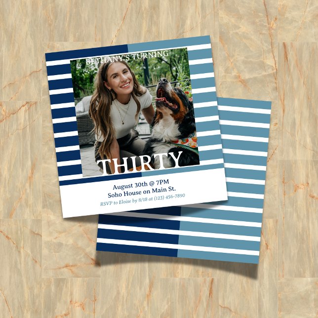 Modern Minimalist Striped 30th Birthday Square Invitation (Celebrate the beginning of a new decade with this Modern Minimalist Striped 30th Birthday Invite!)