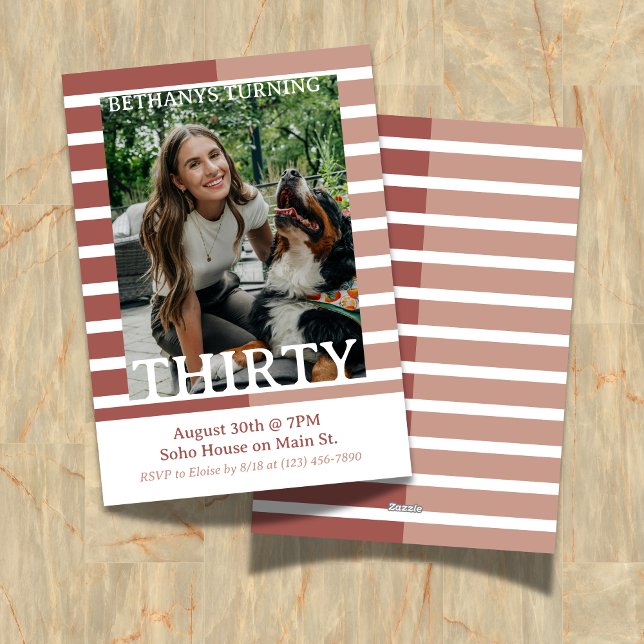 Modern Minimalist Striped Thirtieth Birthday Photo Invitation (Celebrate the beginning of a new decade with this Modern Minimalist Striped 30th Birthday Invite!)