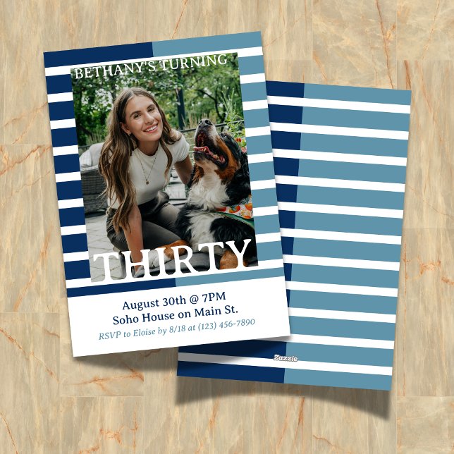 Modern Minimalist Striped Thirtieth Birthday Photo Invitation (Celebrate the beginning of a new decade with this Modern Minimalist Striped 30th Birthday Invite!)