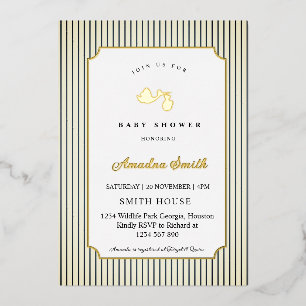 Modern & Minimalist Stripes Stork Baby Shower Foil Invitation