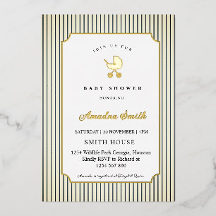 Modern & Minimalist Stripes Stroller  Baby Shower Foil Invitation