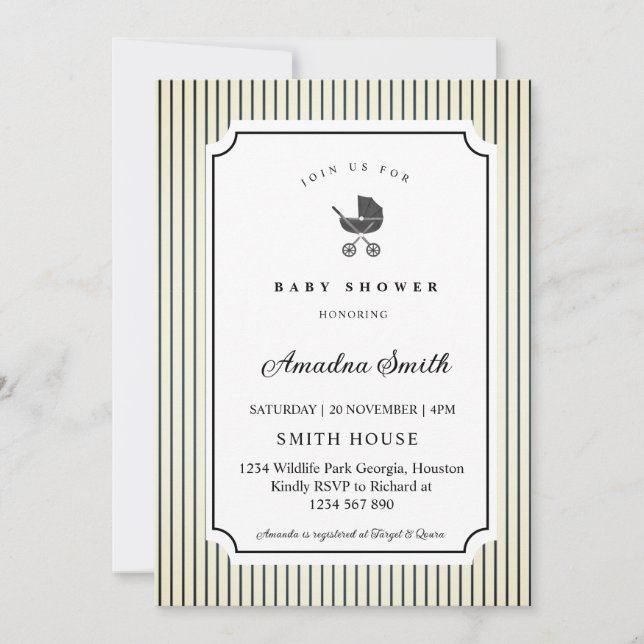 Modern & Minimalist Stripes Stroller  Baby Shower Invitation (Front)