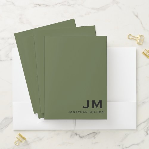 Modern Minimalist Stylish Monogram Olive Green Pocket Folder