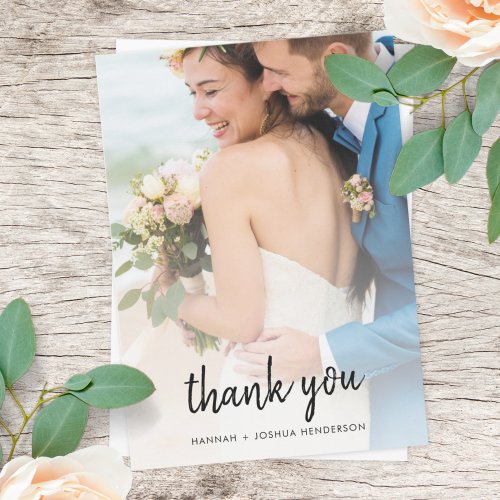 Modern Minimalist  Stylish Script Photo Wedding Thank You Card