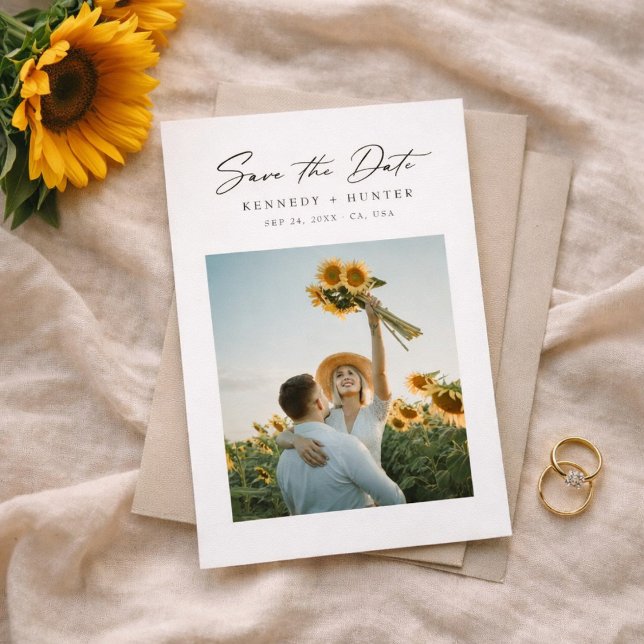 Modern Minimalist Sunflower Photo Wedding Save The Date (Creator Uploaded)