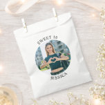 Modern Minimalist Sweet 16 Birthday Circle Photo Favor Bag<br><div class="desc">Create your own personalized white border round photo paper favor bags for your her 16th birthday. Customize the solid white background color or the black text color to match your photo. If you change the font type or size, you can fine tune the curvature of the text in small increments....</div>